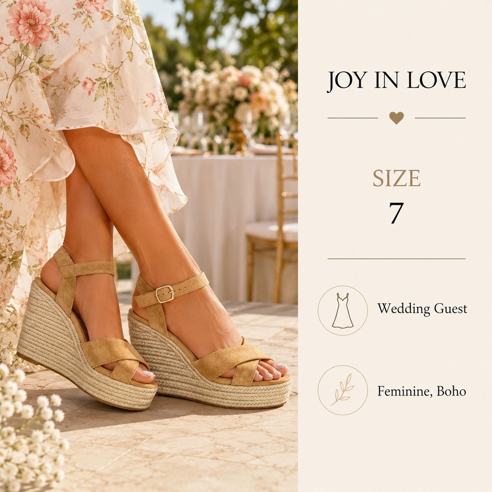 JOY IN LOVE Espadrille Wedge Sandals Women 7 Tan Solid Platform Summer Boho Heel